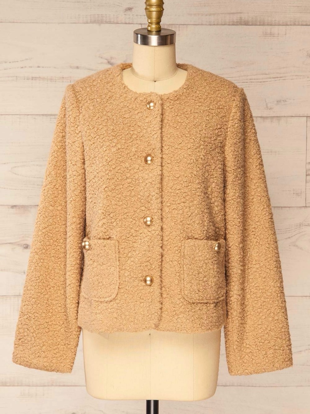 Sadie & Sage Beige Bochle Teddy Jacket w/ Gold Buttons Size L